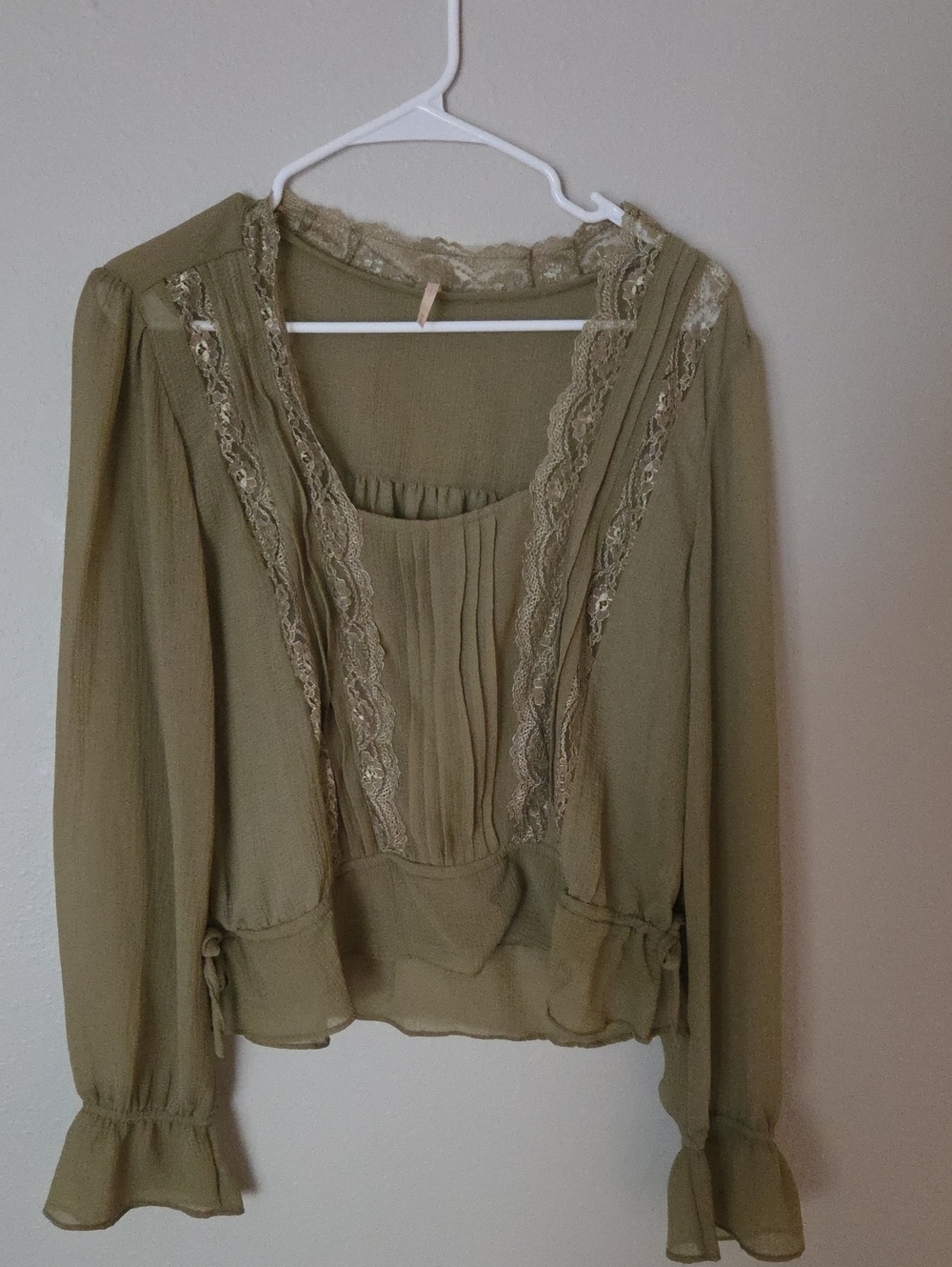 Free People Olive Lace-Trim Blouse